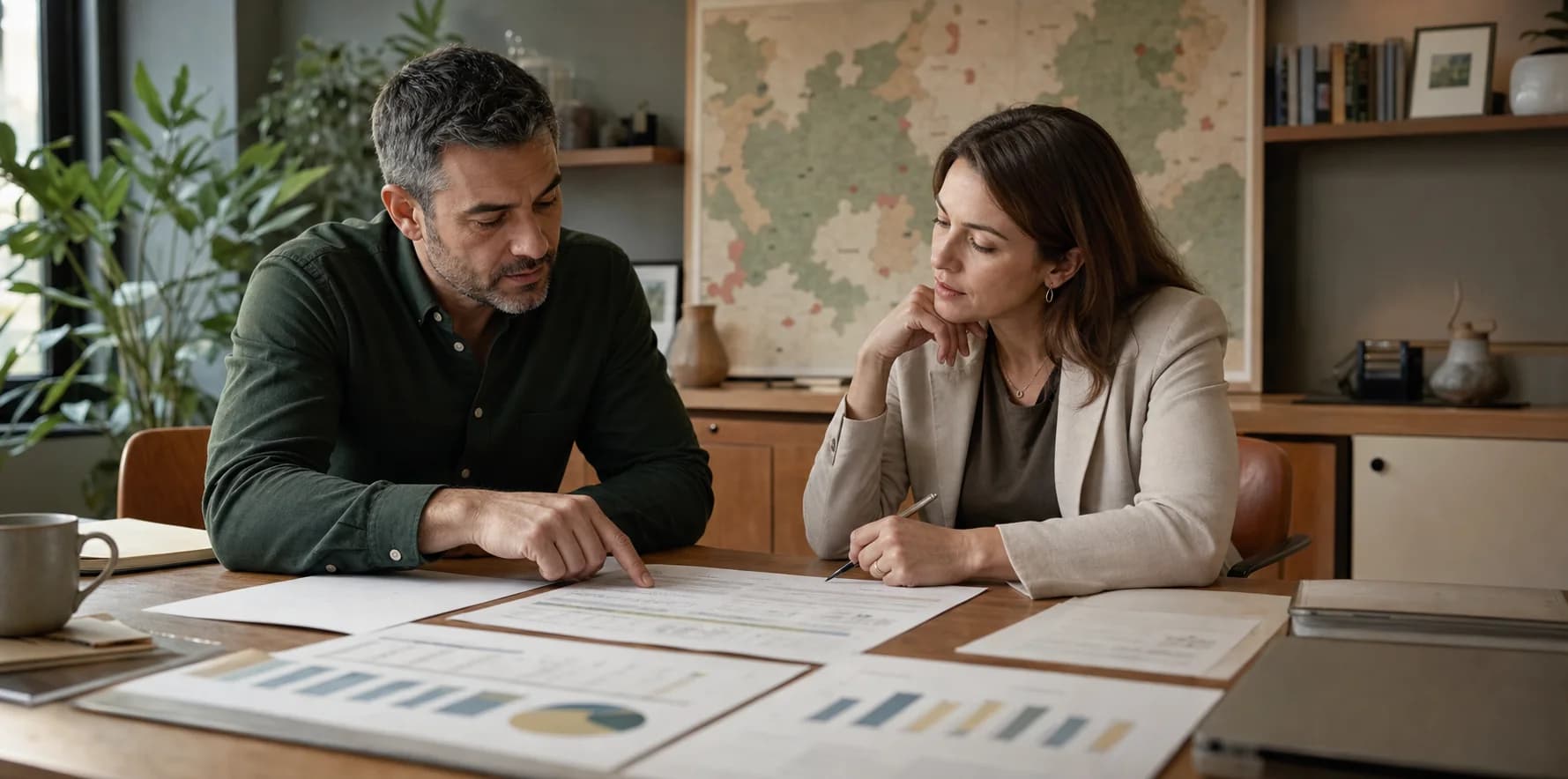 Property manager and owner reviewing a vacation rental management fee agreement